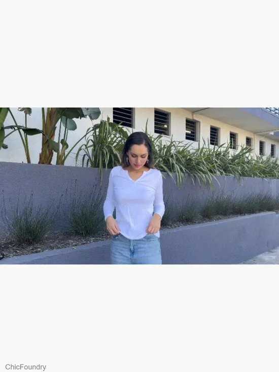 Long Sleeve V-Neck Waffle Knit Pullover Sweater Loose Fit Tee - Picture 6 of 7